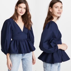 STAUD Luna cotton balloon sleeves low back peplum top in Navy size 4